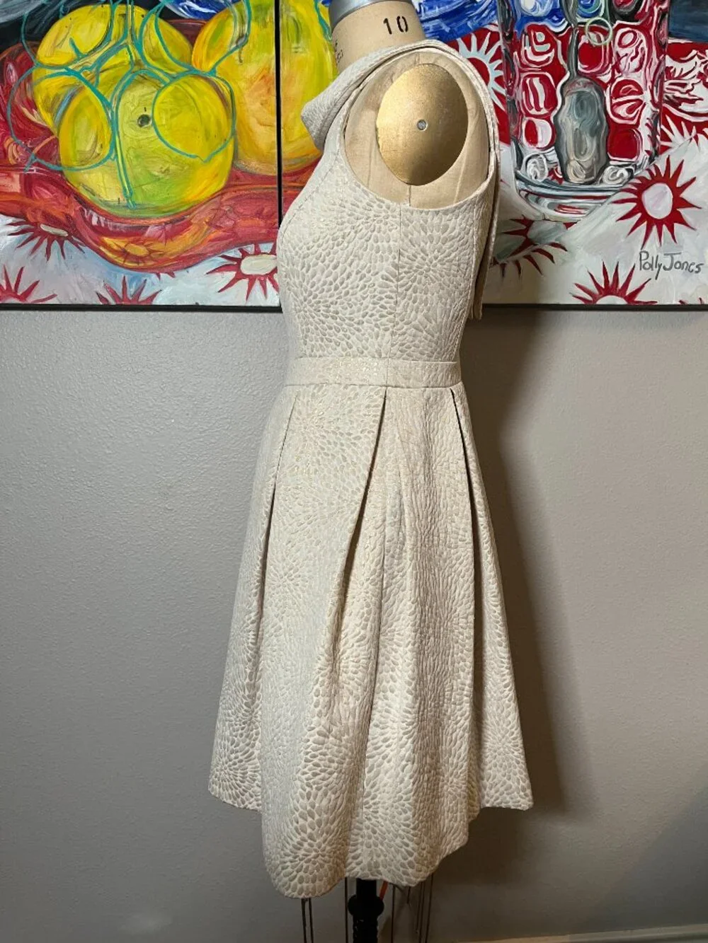 David's Bridal Ivory Metallic Jacquard Vintage Inspired Cocktail Dress